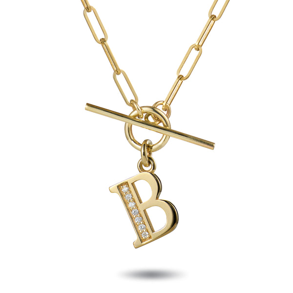 Diamond Initial Paperclip T Bar Necklace in Yellow Gold
