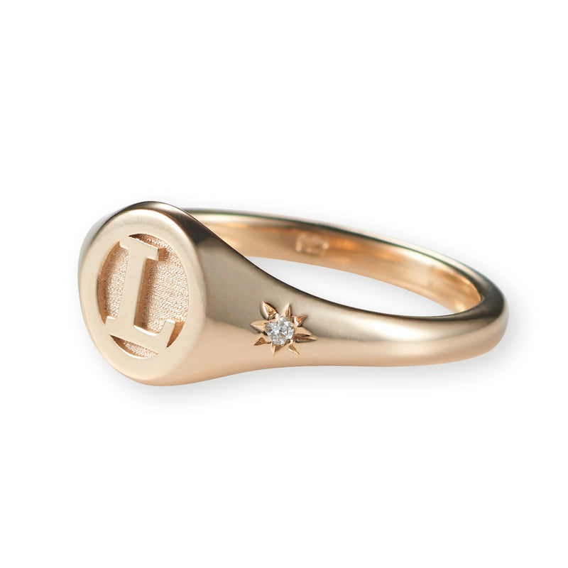 Diamond Initial Disc Signet Ring in Rose Gold