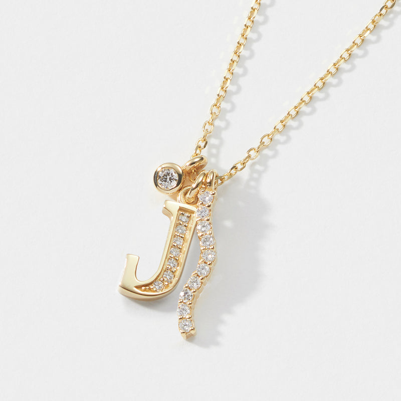 Double Diamond Initial Wave Necklace in Yellow Gold