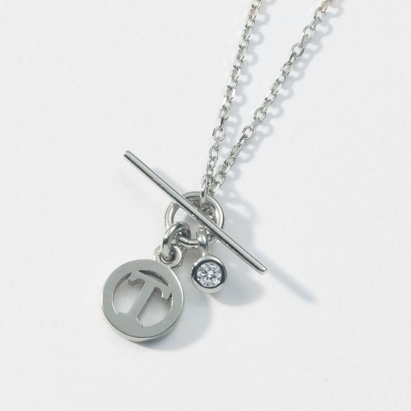 Diamond Drop Baby T Bar Initial Disc Necklace in Platinum