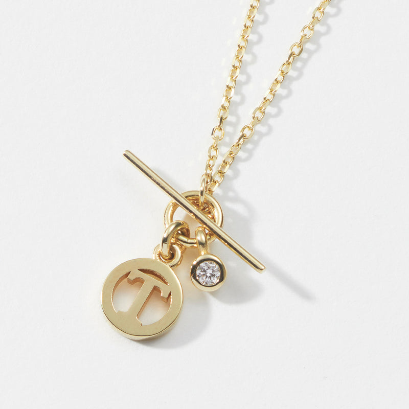 Diamond Drop Baby T Bar Initial Disc Necklace in Yellow Gold