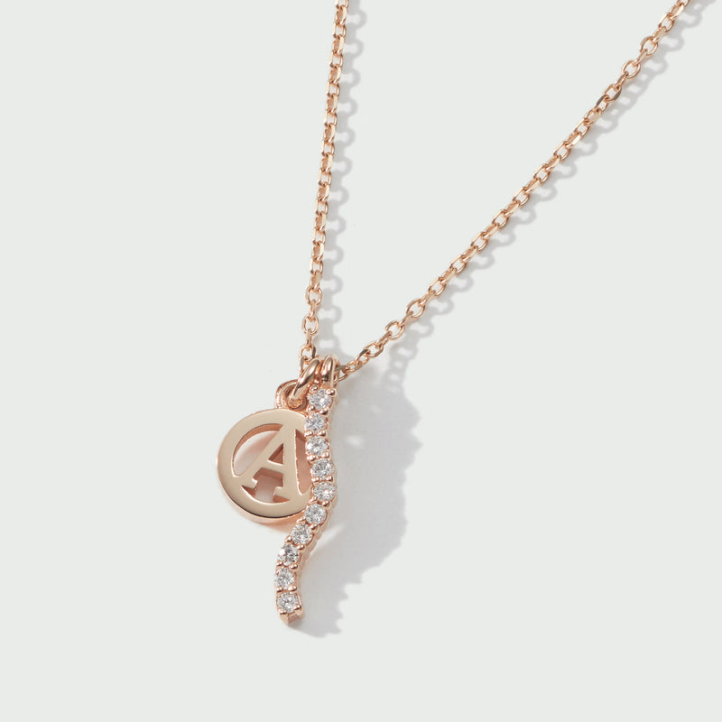Diamond Wave Initial Disc Necklace in Rose Gold