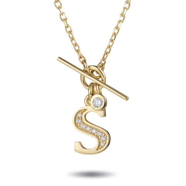 Double Diamond Baby T Bar Initial Necklace in Yellow Gold