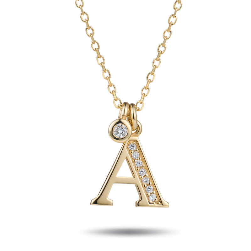 Double Diamond Initial Necklace in Yellow Gold
