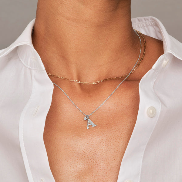 Double Diamond Initial Necklace in Platinum