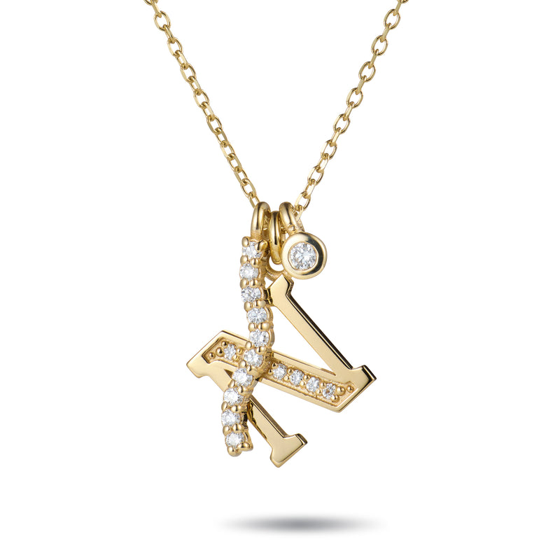 Double Diamond Initial Wave Necklace in Yellow Gold