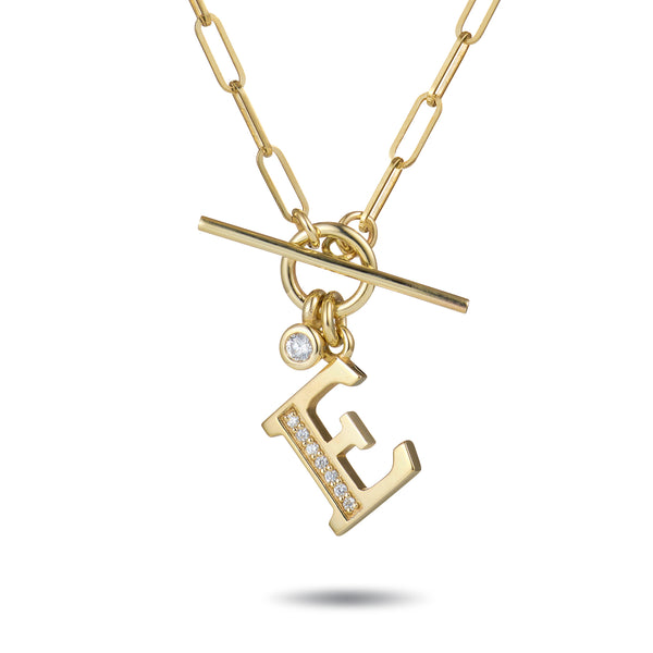 Double Diamond Initial Paperclip T Bar Necklace in Yellow Gold