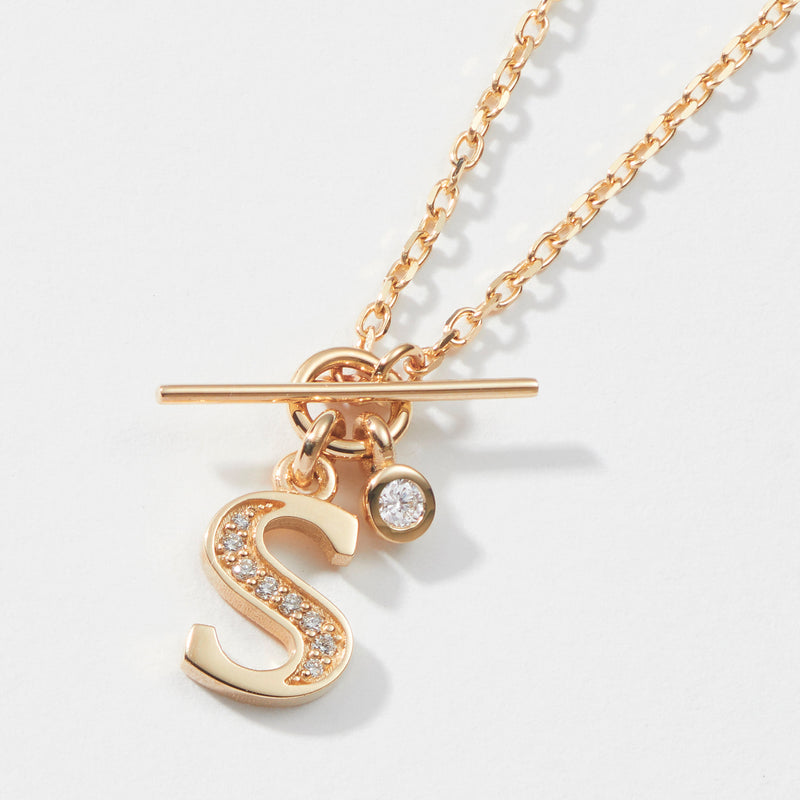 Double Diamond Baby T Bar Initial Necklace in Rose Gold