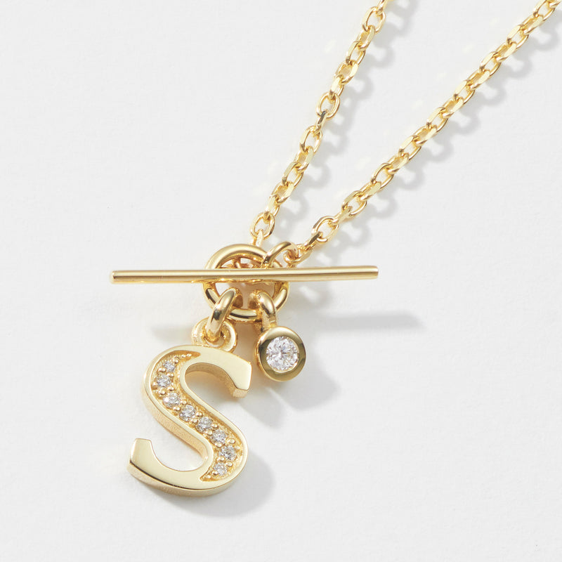 Double Diamond Baby T Bar Initial Necklace in Yellow Gold