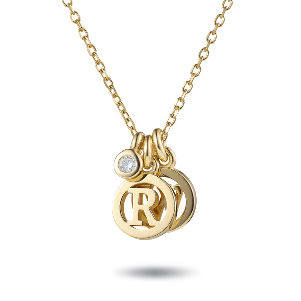 Diamond Drop Double Initial Disc Necklace in Yellow Gold
