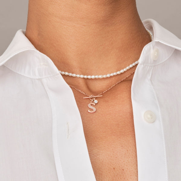 Double Diamond Baby T Bar Initial Necklace in Rose Gold
