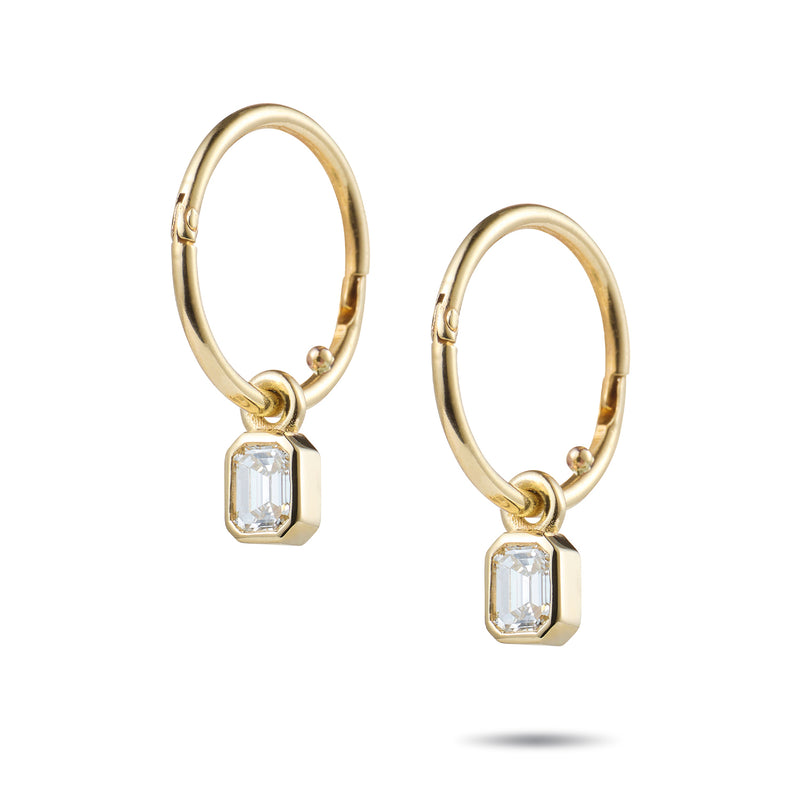 Emerald Cut Diamond Drop Sleeper Earrings in Yellow Gold