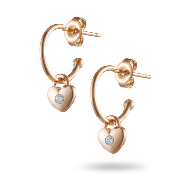 Pair of Diamond Love Heart Padlock Hoop Earrings in Rose Gold
