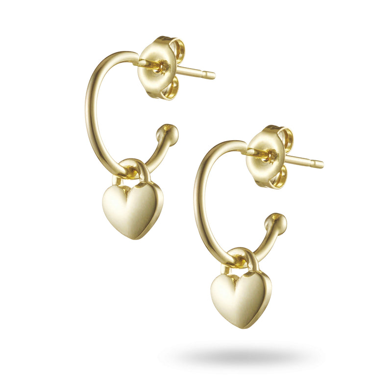 Pair of Love Heart Padlock Hoop Earrings in Yellow Gold