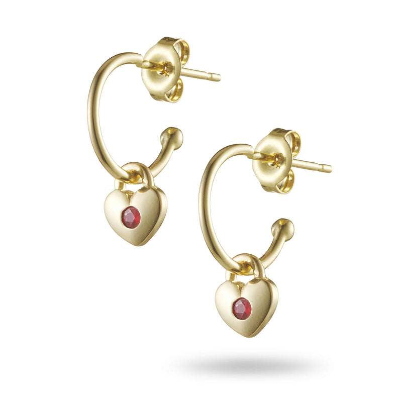 Pair of Ruby Love Heart Padlock Hoop Earrings in Yellow Gold