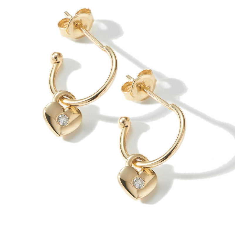 Pair of Diamond Love Heart Padlock Hoop Earrings in Yellow Gold