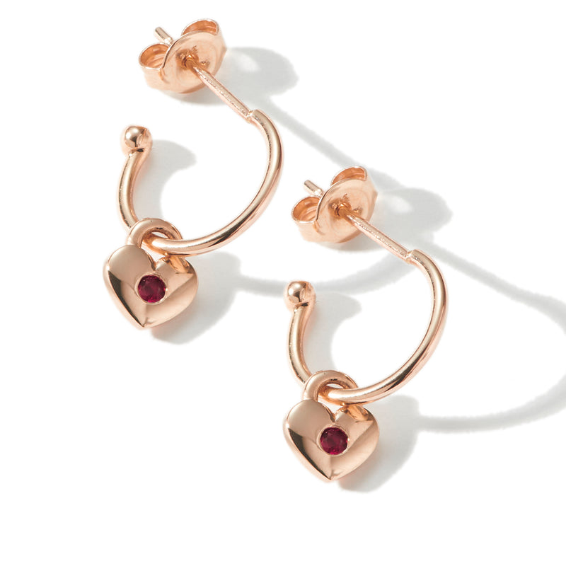 Pair of Ruby Love Heart Padlock Hoop Earrings in Rose Gold