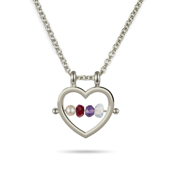 Love Heart Birthstone Abacus Necklace in White Gold