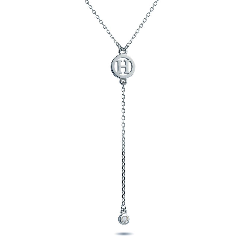 Diamond Drop Initial Disc Lariat Necklace in Platinum