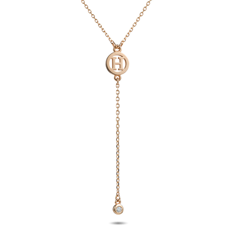 Diamond Drop Initial Disc Lariat Necklace in Rose Gold