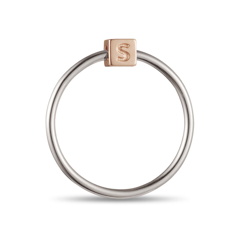 Cube Initial Ring in Sterling Silver and Rose Gold