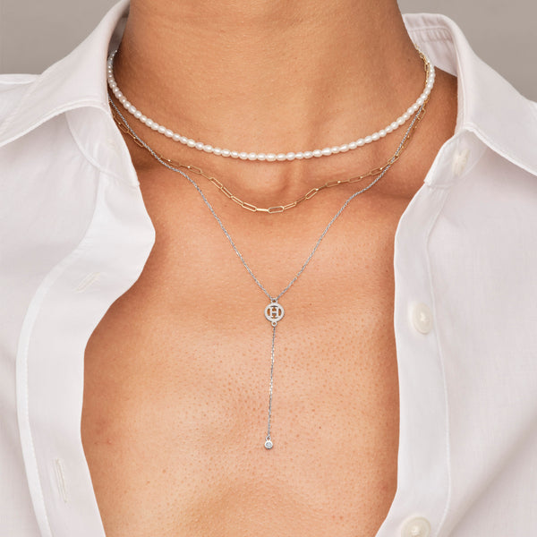 Diamond Drop Initial Disc Lariat Necklace in Platinum