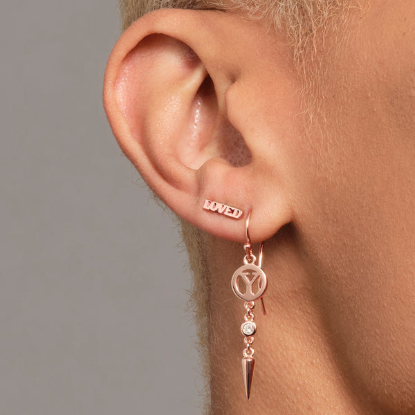 Spiked Diamond Drop Initial Disc Hook Earrings in Rose Gold
