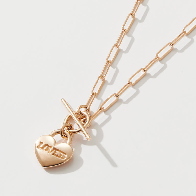 LOVED Heart Padlock T Bar Necklace in Rose Gold