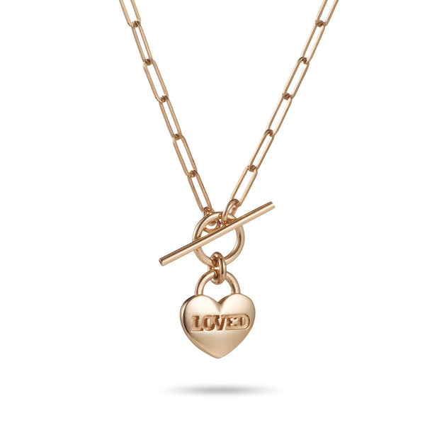 LOVED Heart Padlock T Bar Necklace in Rose Gold