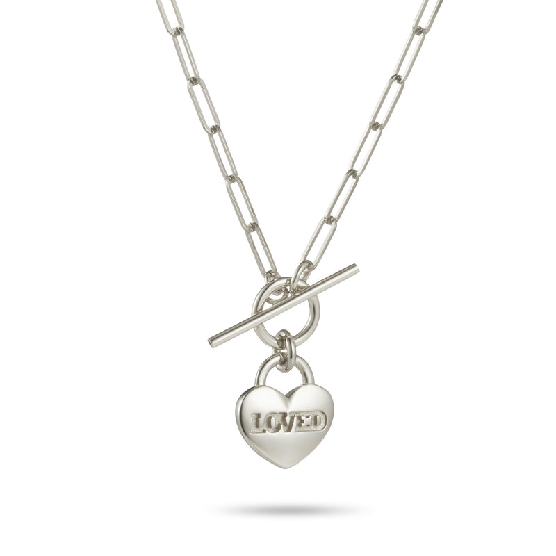 LOVED Heart Padlock T Bar Necklace in Sterling Silver