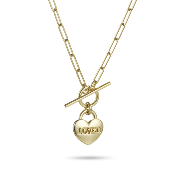 LOVED Heart Padlock T Bar Necklace in Yellow Gold