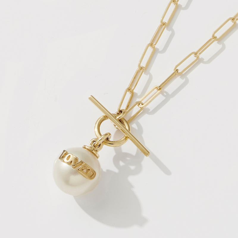 LOVED Pearl T Bar Paperclip Necklace in Yellow Gold