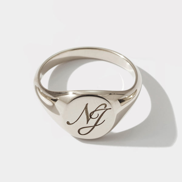 Monogrammed Large Signet Ring in White Gold