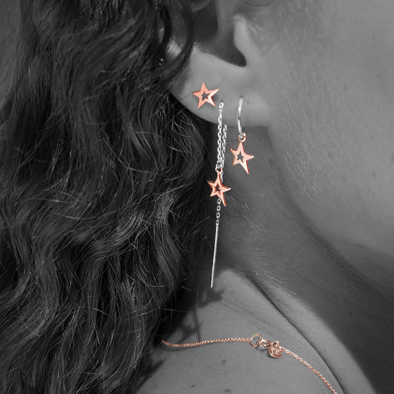 Lucky Star Hoop Earrings in Rose Gold and Sterling Silver