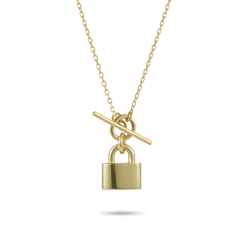 Baby T Bar Love Lock Necklace in Yellow Gold