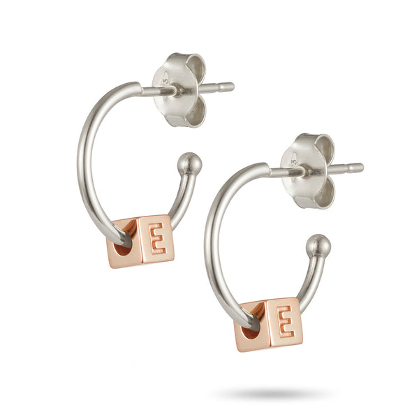 Pair of Initial Cube Earrings in Sterling Silver and Rose Gold