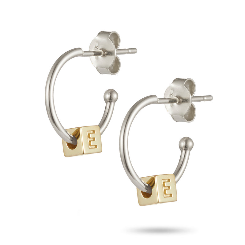 Pair of Initial Cube Earrings in Sterling Silver and Yellow Gold
