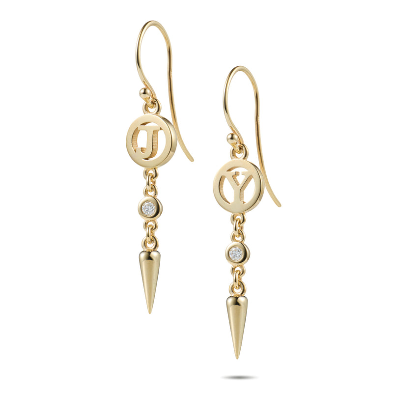Spiked Diamond Drop Initial Disc Hook Earrings in Yellow Gold
