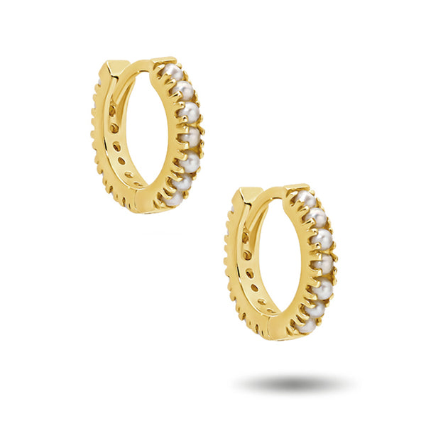 Italian Made Pearl Set Huggie Earrings in Yellow Gold