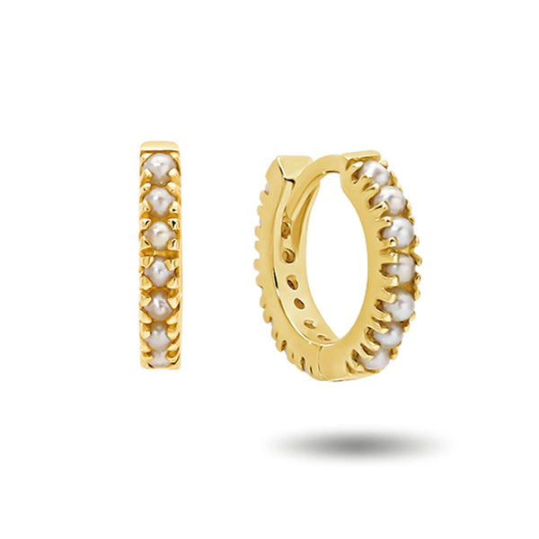 Italian Made Pearl Set Huggie Earrings in Yellow Gold