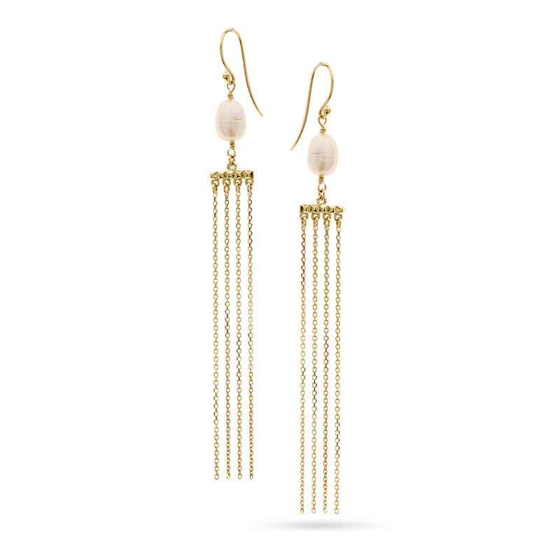 Gold and Pearl Chain Drop Earrings by Luke Rose
