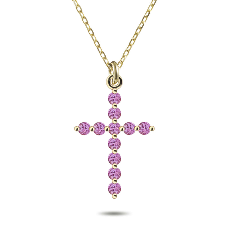 Large Pink Sapphire Crucifix Necklace in Yellow Gold