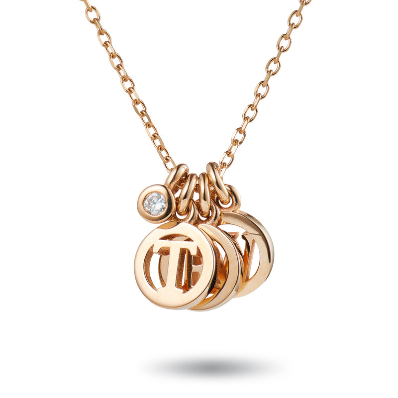 Diamond Drop Triple Initial Disc Necklace in Rose Gold