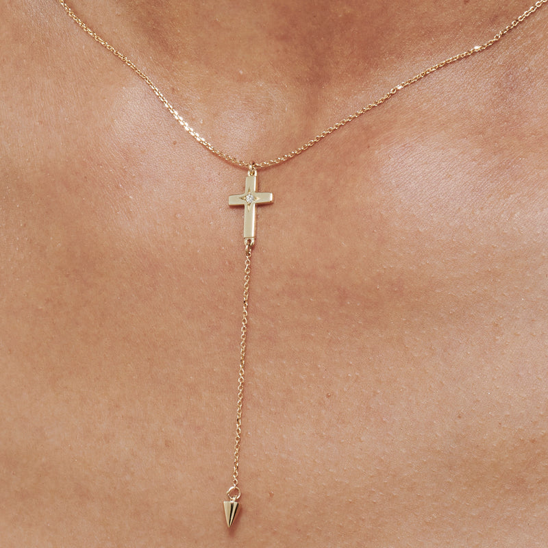 Spiked Diamond Set Crucifix Lariat Necklace in Yellow Gold