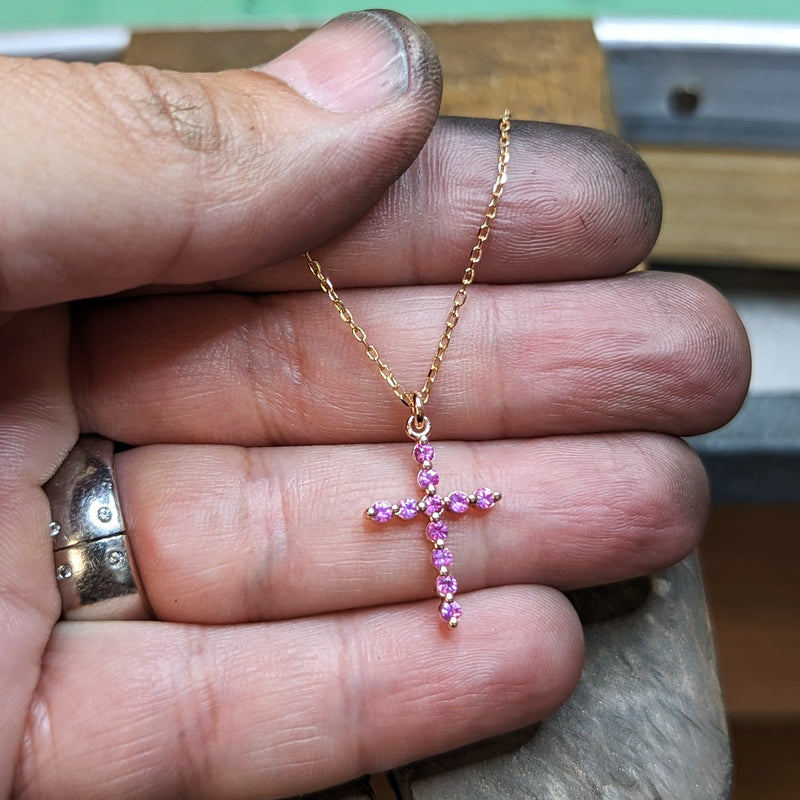 Large Pink Sapphire Crucifix Necklace in Rose Gold