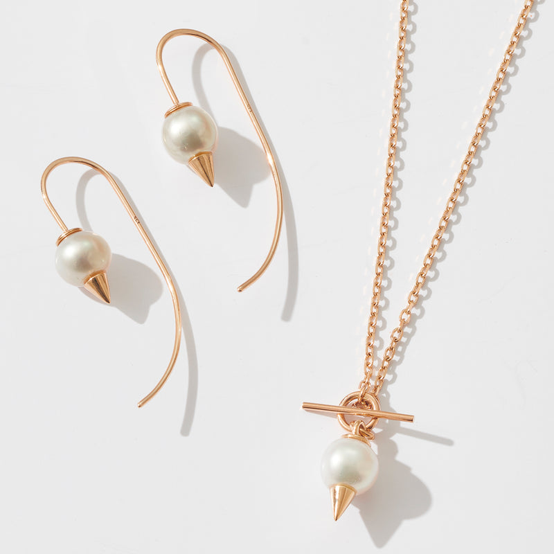 Spiked Pearl Baby T Bar Necklace in Rose Gold